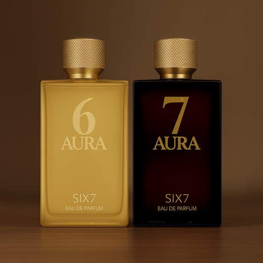 Two perfume bottles labeled '6 Aura' and '7 Aura' on a brown background