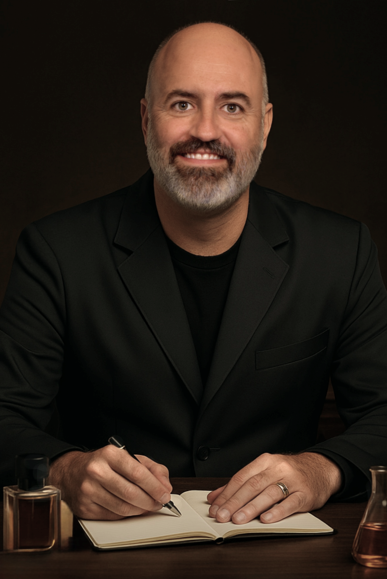 Man in a black suit sitting at a table with a notebook and pen, against a dark background