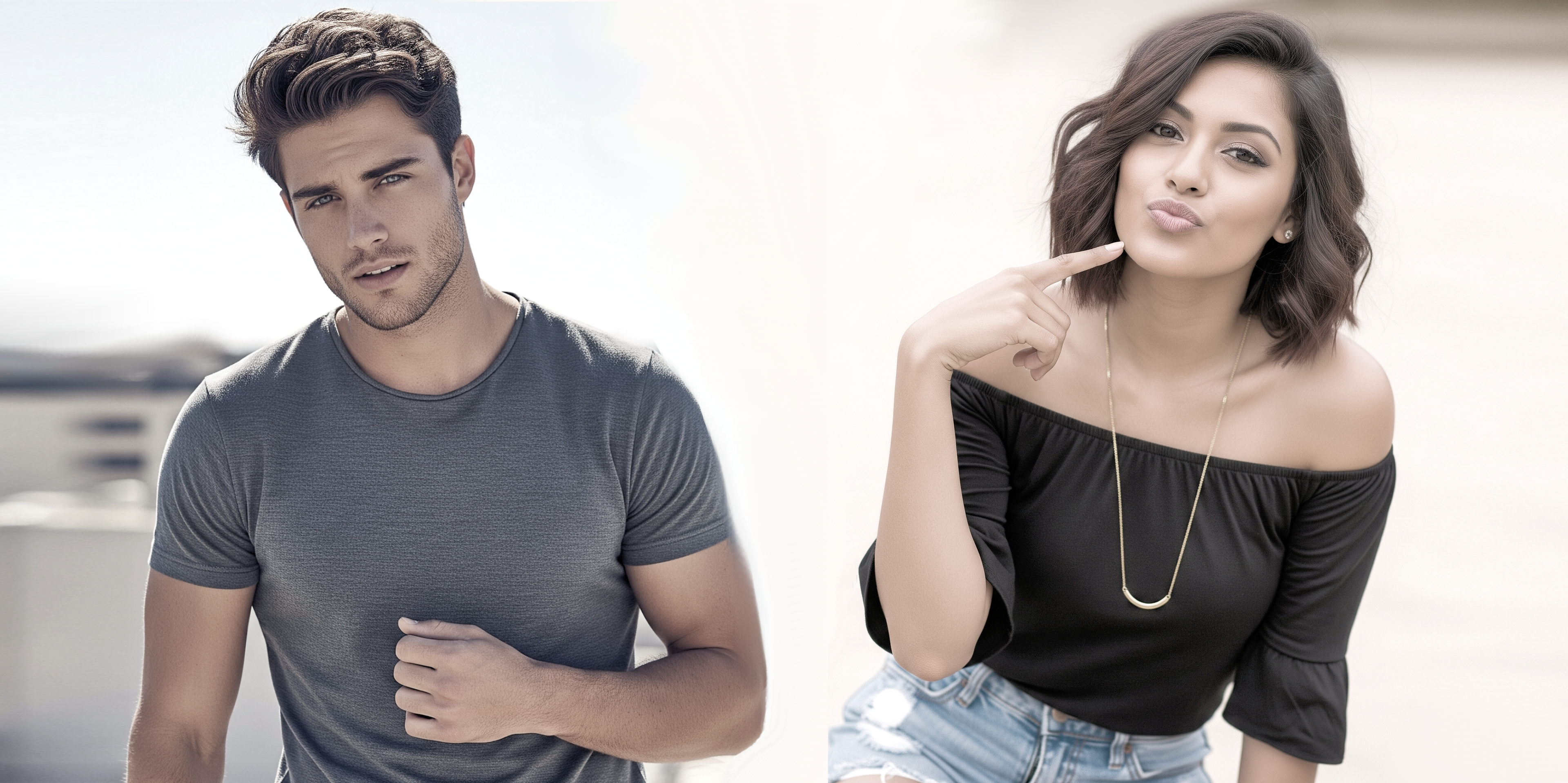 Man and woman posing side by side with a blurred background