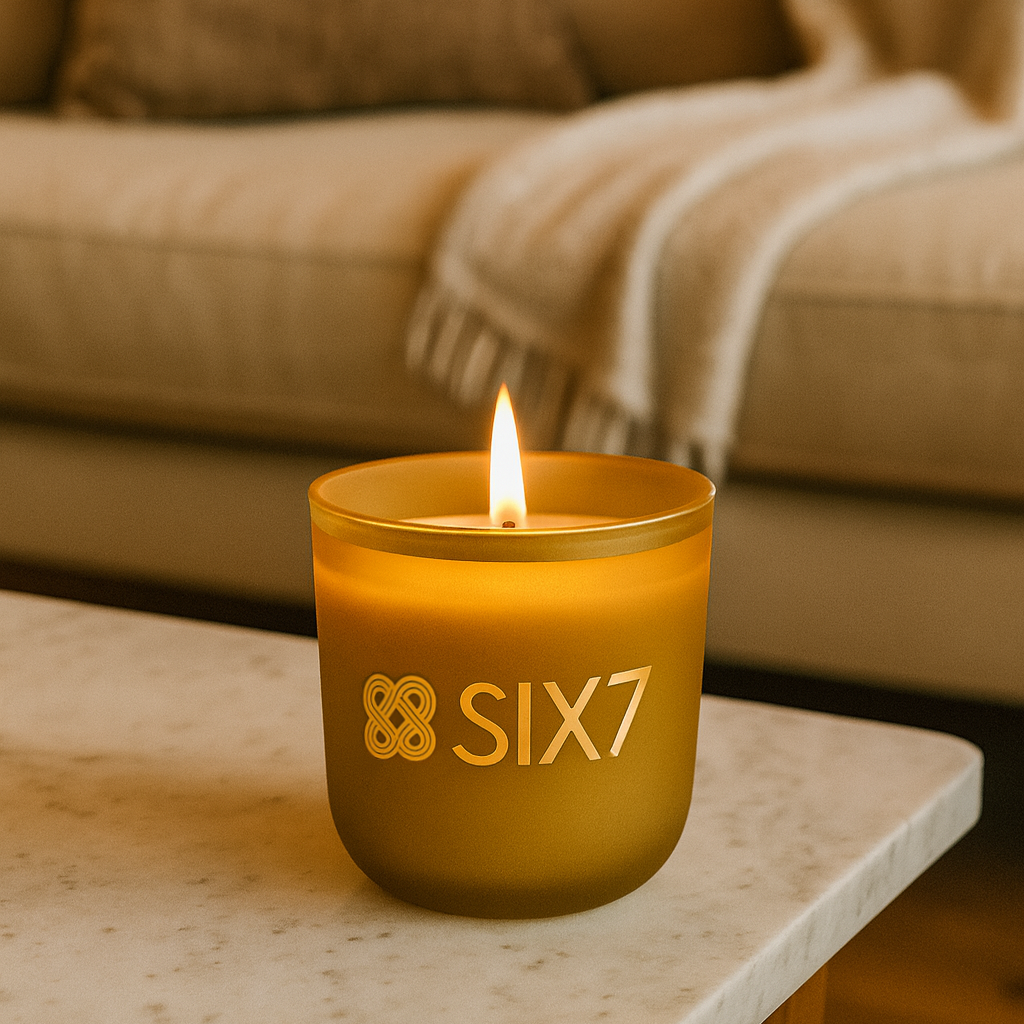 SIX7 candle on a marble table with a blurred beige sofa in the background