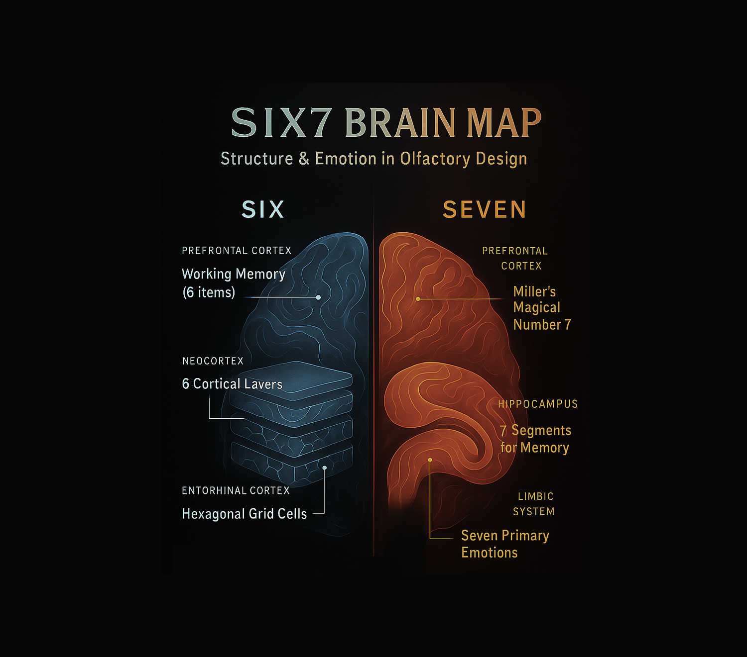Diagram of a brain map comparing structure and emotion in olfactory design with 'Six' and 'Seven' labels.
